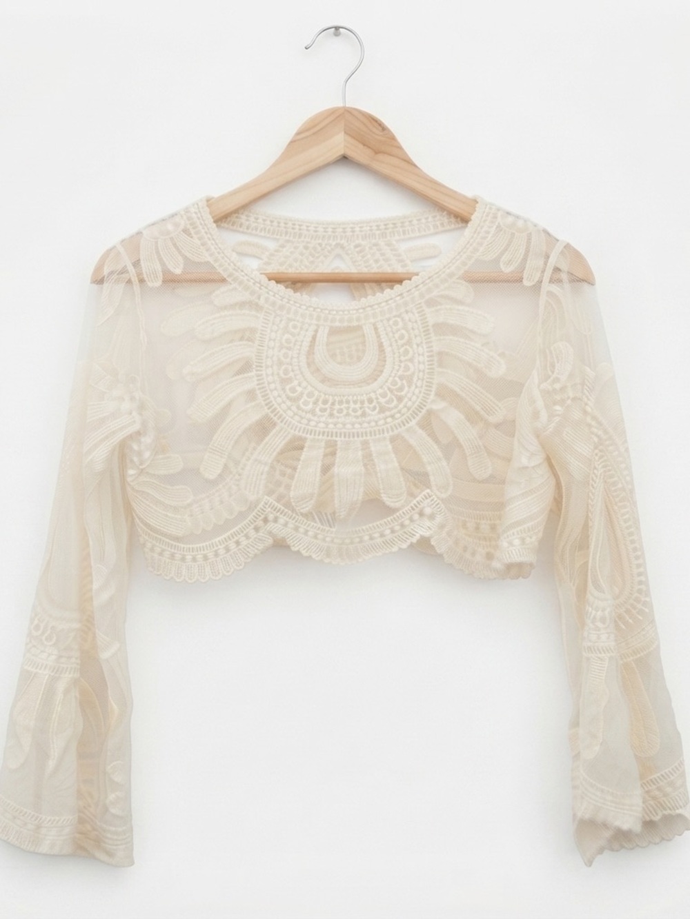Boho Ivory Lace Sheer Bell Sleeve Crop Top - Size S